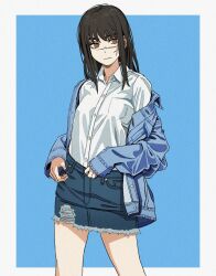 Rule 34 | 1girl, absurdres, alternate costume, black hair, blue jacket, breasts, chainsaw man, denim, denim skirt, feet out of frame, highres, jacket, jacket partially removed, light smile, medium breasts, orange eyes, ringed eyes, scar, scar on face, shiren (ourboy83), shirt, shirt tucked in, simple background, skirt, solo, two-tone background, white shirt, yoru (chainsaw man)