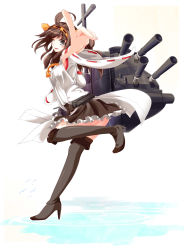 Rule 34 | 10s, 1girl, absurdres, aruu (memories), bare shoulders, bird, black eyes, black thighhighs, blush, boots, breasts, brown hair, cannon, detached sleeves, double bun, full body, hair bun, hair ornament, hairband, headgear, high heels, highres, japanese clothes, kantai collection, kongou (kancolle), long hair, nontraditional miko, one eye closed, open mouth, personification, pointing, ripples, seagull, skirt, smile, solo, thigh boots, thighhighs, turret, water, wink
