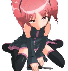 Rule 34 | 1girl, balisong, detached sleeves, drill hair, frown, full body, hangaku, headset, highres, kasane teto, knife, pink eyes, pink hair, sitting, solo, thighhighs, transparent background, twin drills, twintails, utau, vocaloid, weapon