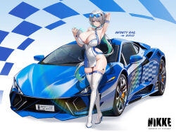 Rule 34 | 1girl, alternate costume, arm behind head, arm strap, arm up, armpits, asymmetrical clothes, bare shoulders, blue eyes, boots, breasts, brid (nikke), car, character name, cleavage, closed mouth, collarbone, colored inner hair, commentary request, covered navel, dramz, dress, earrings, eyewear on head, full body, goddess of victory: nikke, green hair, grey hair, groin, hair between eyes, hair over one eye, high heel boots, high heels, highres, holding, holding tablet pc, jewelry, large breasts, logo, long hair, looking at viewer, low ponytail, motor vehicle, multicolored hair, race queen, shadow, sidelocks, skindentation, sleeveless, sleeveless dress, smile, solo, sports car, standing, sunglasses, tablet pc, thigh boots, two-tone hair, white dress, white footwear