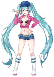 Rule 34 | 1girl, :d, alternate costume, aqua eyes, aqua hair, asle, baseball cap, belt, belt pouch, bikini, bikini under clothes, black bikini, blue hat, blue shorts, boots, breasts, breasts apart, collarbone, commentary request, crop top, cropped jacket, full body, hand on own hip, hand up, hat, hatsune miku, heart, heart-shaped pupils, highleg, highleg bikini, holding, jacket, knee boots, long hair, long sleeves, looking at viewer, medium breasts, micro shorts, midriff, navel, open clothes, open jacket, open mouth, pink jacket, pouch, short shorts, shorts, simple background, smile, solo, standing, stomach, string bikini, swimsuit, symbol-shaped pupils, thighs, very long hair, vocaloid, white background, wrench