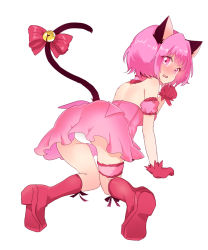 Rule 34 | 13o, 1girl, animal ears, ass, bare back, bare shoulders, bell, blush, boots, bow, bridal garter, cat ears, cat tail, collar, detached collar, detached sleeves, dress, embarrassed, facing away, female focus, gloves, blush, highres, kneeling, legs, looking at viewer, looking back, magical girl, mew ichigo, open mouth, panties, paw pose, pink collar, pink dress, pink eyes, pink hair, pink legwear, pink sleeves, puffy short sleeves, puffy sleeves, red bow, red footwear, red gloves, short hair, short sleeves, simple background, sleeveless, solo, tail, tail bow, tail ornament, thigh gap, thighs, tokyo mew mew, underwear, upskirt, white background, white panties
