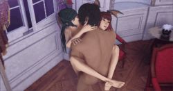 Rule 34 | 1boy, 2girls, 3d, animated, animated gif, capcom, ffm threesome, group sex, held up, kiss, lilith aensland, lowres, morrigan aensland, multiple girls, nude, sex, standing, suspended congress, threesome, tys work, vampire (game)