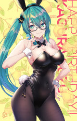 Rule 34 | .live, 1girl, animal ears, breasts, character name, cleavage, collarbone, commentary request, fake animal ears, fukai ryosuke, glasses, green eyes, green hair, hair ornament, highres, kagura suzu (.live), large breasts, leotard, looking at viewer, navel, pantyhose, playboy bunny, ribbon, side ponytail, virtual youtuber