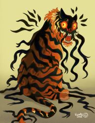 Rule 34 | alternate species, animal focus, artist logo, artist name, colored sclera, commentary, dream tiger (govy9807), english commentary, highres, looking at viewer, monster, no nose, open mouth, orange fur, original, shadow, sharp teeth, teeth, tiger, tiger stripes, tusks, valentinolasso, yellow sclera