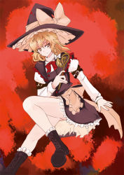 Rule 34 | 1girl, blonde hair, boots, female focus, hat, kirisame marisa, red background, solo, takaharu, touhou, wand, witch, witch hat