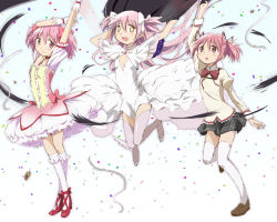 Rule 34 | 10s, 3girls, :d, arm up, arms up, bow, brown footwear, bubble skirt, choker, confetti, dress, frilled legwear, frills, gloves, hair bow, hair ribbon, kaname madoka, kinfuji, kneehighs, loafers, long hair, long sleeves, looking at viewer, magical girl, mahou shoujo madoka magica, mahou shoujo madoka magica (anime), multiple girls, multiple persona, open mouth, pink eyes, pink hair, pink legwear, puffy long sleeves, puffy sleeves, red footwear, ribbon, school uniform, shoes, short twintails, skirt, smile, socks, soul gem, thighhighs, twintails, two side up, ultimate madoka, very long hair, white dress, white gloves, white legwear, yellow eyes, zettai ryouiki