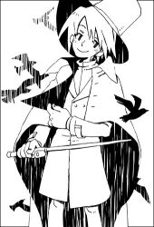 Rule 34 | 1boy, 21grams, bare legs, bird, blush stickers, closed mouth, coat, collared cape, collared coat, commentary request, cowboy shot, fingernails, greyscale, hat, head tilt, holding, holding wand, long sleeves, lowres, magician, male focus, monochrome, original, rain, short hair, simple background, smile, solo, top hat, trench coat, turtleneck, two-sided fabric, two-sided headwear, wand, white background