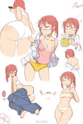 Rule 34 | 10s, 1girl, :&lt;, alcohol, artist name, ass, bare back, barefoot, beer, blush, bra, breasts, brown hair, camisole, cellphone, chinese text, collarbone, cotton swab, cup, denim, dress shirt, drinking glass, drunk, artistic error, from below, glasses, high ponytail, highres, holding, holding cup, holding drinking glass, jeans, join hongxia, kobayashi-san chi no maidragon, kobayashi (maidragon), lingerie, long hair, looking at viewer, multiple views, navel, open clothes, open shirt, panties, pants, phone, ponytail, print panties, red eyes, red hair, shirt, signature, simple background, small breasts, smartphone, source request, stomach, strapless, torn clothes, underwear, white background, white panties, white shirt, wrong foot, yellow panties