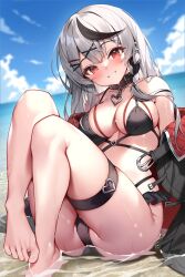 Rule 34 | 1girl, bare shoulders, barefoot, beach, bikini, black bikini, black collar, black hair, black jacket, blurry, blurry background, blush, breasts, cleavage, collar, commentary request, day, feet, grey hair, hair ornament, highres, hololive, jacket, knees up, large breasts, legs, long hair, looking at viewer, multicolored hair, off shoulder, outdoors, pinki o64, red eyes, revision, sakamata chloe, solo, streaked hair, swimsuit, thigh strap, toenails, toes, virtual youtuber, x hair ornament