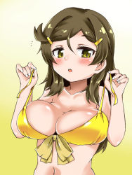 Rule 34 | 1girl, amakawa ginga, bikini, breasts, brown hair, cleavage, collarbone, commentary request, embarrassed, gradient background, hair ornament, hairclip, highres, large breasts, long hair, looking at viewer, shinomiya himawari, solo, swimsuit, upper body, vividred operation, white background, yellow background, yellow bikini, yellow eyes