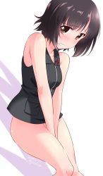 Rule 34 | 1girl, alina (girls und panzer), between legs, black vest, blush, bottomless, brown eyes, brown hair, commentary, covering privates, covering crotch, dated, embarrassed, frown, girls und panzer, grin, hand between legs, highres, insignia, kuzuryuu kennosuke, leaning forward, looking at viewer, military, military uniform, one-hour drawing challenge, pravda military uniform, short hair, simple background, smile, solo, standing, sweatdrop, twitter username, uniform, vest, white background