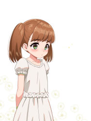Rule 34 | 1girl, arms behind back, blush, child, closed mouth, dress, floral background, flower, green eyes, nekomimi kanon, original, puffy short sleeves, puffy sleeves, short sleeves, solo, tareme, twintails, white background, white dress