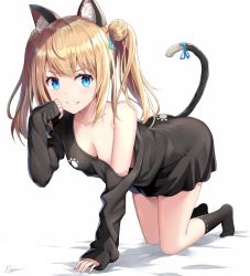 Rule 34 | 1girl, all fours, animal ears, black shirt, blonde hair, blue eyes, blush, cat ears, cat tail, clenched teeth, double bun, hair bun, long hair, looking at viewer, off-shoulder shirt, off shoulder, original, parted lips, paw print, rin yuu, shirt, sleeves past wrists, smile, solo, tail, teeth, twintails