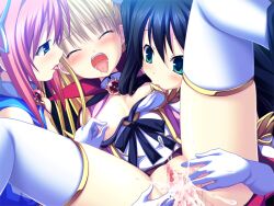 Rule 34 | 3girls, ass, black panties, black ribbon, blonde hair, breast sucking, breasts, censored, closed eyes, clothes lift, cum, cum in pussy, cum overflow, cumdrip, detached sleeves, dress, dress lift, elbow gloves, folded, game cg, gloves, groin, groping, hair between eyes, hair ornament, haruno sakura (stellula eques), himemiya hiori, invisible penis, kodama izayoi, koku, legs up, long hair, lying, magical girl, mosaic censoring, multiple girls, nipple tweak, no panties, non-web source, on back, open clothes, open dress, open mouth, panties, pink dress, pussy, pussy juice, pussy juice trail, red eyes, ribbon, saliva, saliva trail, sex, small breasts, socks, spread legs, spread pussy, stellula eques, straight hair, thighhighs, tongue, tongue out, twintails, underwear, vaginal, white gloves, white thighhighs, wince