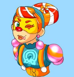 Rule 34 | 1girl, arms (game), blue eyes, clown, clown girl, earrings, hairband, jewelry, lipstick, lola pop, makeup, mask, multicolored hair, nintendo, one eye closed, red nose, shining-tatsu, smile, suspenders, tongue, wink