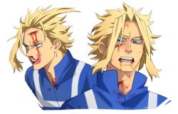 Rule 34 | 1boy, alternate costume, blonde hair, blood, blood on face, blue eyes, boku no hero academia, bruise, commentary, cuts, highres, injury, male focus, multiple views, open mouth, portrait, school uniform, short hair, simple background, teeth, tongue, tongue out, trevo (trevoshere), u.a. school uniform, white background, yagi toshinori, aged down