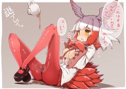 Rule 34 | 10s, 1girl, ass, bad id, bad pixiv id, bird tail, blush, breasts, breasts out, brown eyes, crossed legs, cup, gloves, head wings, heart, heart-shaped pupils, highres, japanese crested ibis (kemono friends), kemono friends, legs, legs up, lying, mary janes, miniskirt, nipples, no bra, no panties, on back, open clothes, open mouth, open shirt, pantyhose, pussy, red gloves, red hair, red pantyhose, red skirt, see-through, shirt, shoes, short hair, silver hair, skirt, solo, spilling, symbol-shaped pupils, tail, tea, teacup, teranekosu, translation request, wet, wet clothes, wet pantyhose, white shirt, wings