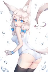 Rule 34 | 1girl, animal ear fluff, animal ears, ass, bad id, bad pixiv id, bare shoulders, black thighhighs, blue bow, blue eyes, bow, commentary request, commission, fox ears, fox girl, fox tail, hair between eyes, hair bow, hand to own mouth, leaning forward, looking at viewer, looking back, original, pong (vndn124), school swimsuit, sidelocks, silver hair, simple background, solo, star-shaped pupils, star (symbol), swimsuit, symbol-shaped pupils, tail, tail raised, thighhighs, tongue, tongue out, water drop, white background, wristband