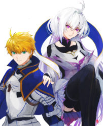 Rule 34 | 1boy, 1girl, arthur pendragon (fate), blonde hair, fate/grand order, fate (series), green eyes, highres, looking at viewer, merlin (fate/prototype), merlin (fate/prototype) (third ascension), moedredd, pointy ears, purple eyes, simple background, white background, white hair