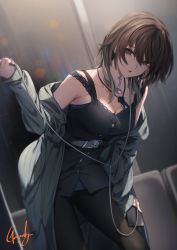 Rule 34 | 1girl, aketa mikoto, bare shoulders, belt, black camisole, black pantyhose, blonde hair, breasts, brown eyes, brown hair, camisole, cleavage, collarbone, earbuds, earphones, genyaky, grey jacket, highres, idolmaster, idolmaster shiny colors, jacket, jewelry, large breasts, leaning forward, long sleeves, looking at viewer, medium hair, multicolored hair, necklace, off shoulder, open clothes, open jacket, open mouth, pantyhose, solo, thighs