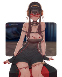 Rule 34 | 1girl, bare shoulders, black dress, black gloves, black hair, blood, blood on face, blood on hands, breasts, cleavage, cowboy shot, dagger, dress, flower, gloves, gold hairband, hair between eyes, hair flower, hair ornament, hair up, hairband, highres, inhoso, knife, large breasts, looking at viewer, red eyes, short hair with long locks, sidelocks, sitting, smile, solo, spy x family, stiletto (weapon), watermark, weapon, web address, yor briar