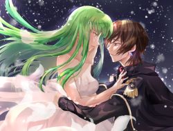 Rule 34 | 1boy, 1girl, black cape, breasts, c.c., cape, cleavage, code geass, collarbone, dress, eye contact, floating hair, from side, green hair, hand on another&#039;s cheek, hand on another&#039;s face, lelouch vi britannia, long hair, long sleeves, looking at another, medium breasts, petals, profile, purple eyes, shiny skin, sleeveless, sleeveless dress, snfskn, striped clothes, striped dress, very long hair, wedding dress, white dress, yellow eyes