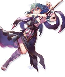 Rule 34 | 1girl, armlet, black dress, blue eyes, blue hair, breasts, byleth (female) (fire emblem), byleth (fire emblem), closed mouth, dancer, dancer (fire emblem: three houses), dress, fire emblem, fire emblem: three houses, highres, holding, holding sword, holding weapon, mano (m1n0f2e1), nintendo, simple background, solo, sword, torn clothes, twitter username, weapon, white background
