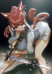 Rule 34 | 1girl, animal ears, bare legs, bent over, boots, breasts, cat ears, cat girl, cat tail, collarbone, combat knife, commission, dual wielding, earrings, facial mark, feet out of frame, fighting stance, final fantasy, final fantasy xiv, glasses, gloves, hand up, high heel boots, high heels, highres, holding, holding knife, holding weapon, impossible clothes, jewelry, kionaoki, knife, large breasts, legs apart, long hair, looking at viewer, looking over eyewear, making-of available, miqo&#039;te, ninja (final fantasy), no pants, pendant, red hair, reverse grip, rimless eyewear, shirt, smile, solo, standing, tail, tongue, tongue out, vest, warrior of light (ff14), weapon, whisker markings