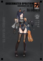 Rule 34 | 1girl, absurdres, alternate costume, animal ears, arknights, bag, barcode, black hair, black thighhighs, bodysuit, breasts, brown eyes, character name, commentary, covered navel, diving mask, dobermann (arknights), dog ears, duffel bag, english commentary, english text, flippers, full body, gluteal fold, goggles, unworn goggles, grey background, highres, lanyaojun, lips, long hair, looking at viewer, medium breasts, mole, mole under eye, one-piece swimsuit, oxygen tank, parted bangs, ponytail, see-through, see-through sleeves, sidelocks, skin tight, solo, standing, straight hair, swimsuit, thighhighs, thighs, typo