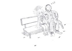 Rule 34 | 1boy, 1girl, bench, blue archive, blush stickers, closed eyes, comic, commentary request, doodle sensei (blue archive), formal, greyscale, halo, harness, hoshino (blue archive), looking at another, monochrome, on bench, outdoors, school uniform, sensei (blue archive), sitting, sleeping, suit, tokkasan, translated, zzz