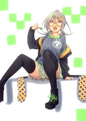 Rule 34 | 1girl, black thighhighs, boots, candy, food, fu-ta, glasses, grey hair, hair ornament, hairclip, holding, lollipop, looking at viewer, off shoulder, open mouth, original, plaid, plaid skirt, pleated skirt, sitting, skirt, solo, spread legs, thighhighs, usami taiga, yellow eyes
