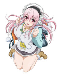 Rule 34 | 10s, 1girl, boots, breasts, cleavage, headphones, jewelry, long hair, mascot, necklace, nitroplus, open mouth, pink hair, red eyes, solo, soniani, super sonico