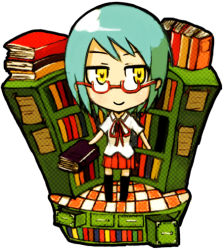 Rule 34 | 1girl, blue hair, chibi, faux figurine, glasses, ico (green bullet), original, simple background, skirt, smile, solo, white background, yellow eyes