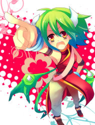 Rule 34 | 1girl, :o, arm up, brown eyes, china dress, chinese clothes, draco centauros, dress, from above, full body, green hair, hand on own hip, horns, madou monogatari, milano, pants, pointing, puyopuyo, red background, shoes, short hair, solo, tail, wings