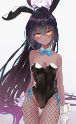 Rule 34 | 1girl, ahoge, animal ears, black hair, black leotard, blue archive, blue bow, blue bowtie, bow, bowtie, breasts, cleavage, curvy, dark-skinned female, dark skin, detached collar, fake animal ears, fishnet pantyhose, fishnets, gloves, halo, highleg, highleg leotard, highres, karin (blue archive), karin (bunny) (blue archive), large breasts, leotard, long hair, looking at viewer, official alternate costume, pantyhose, playboy bunny, rabbit ears, sese nagi, shiny clothes, shiny skin, simple background, solo, strapless, strapless leotard, traditional bowtie, white background, white gloves, wide hips, wrist cuffs, yellow eyes
