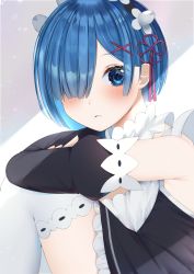 1girl blue_eyes blue_hair blush breasts commentary_request detached_sleeves dress expressionless frills hair_ornament hair_over_one_eye hair_ribbon highres juliet_sleeves large_breasts long_sleeves looking_at_viewer maid maid_headdress nerua puffy_sleeves re:zero_kara_hajimeru_isekai_seikatsu red_ribbon rem_(re:zero) ribbon short_hair smile solo white_legwear x_hair_ornament