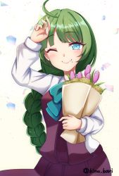 Rule 34 | 1girl, ahoge, bouquet, bow, bowtie, braid, commentary request, confetti, dress, flower, green hair, halterneck, kantai collection, kinubari nerune, long hair, looking at viewer, mole, mole under mouth, one-hour drawing challenge, one eye closed, purple dress, school uniform, shirt, simple background, single braid, sleeveless, sleeveless dress, smile, solo, very long hair, white background, white shirt, yuugumo (kancolle)