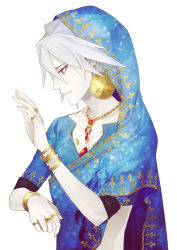 Rule 34 | 1boy, alternate costume, bad id, bishounen, bracelet, colored skin, earrings, fate/apocrypha, fate (series), hood, indian clothes, jewelry, karna (fate), lots of jewelry, male focus, necklace, ring, sari, sindri, solo, white hair, white skin