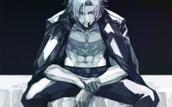 Rule 34 | 1boy, abs, bare pectorals, black background, black coat, black pants, blonde hair, blood, blood from mouth, coat, coat on shoulders, command spell, daybit sem void, fate/grand order, fate (series), hair between eyes, looking at viewer, male focus, navel, on bed, pants, pectorals, sei 8220, short hair, simple background, sitting, solo, spread legs, topless male