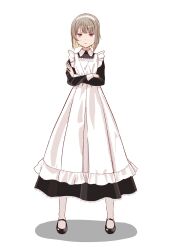 1girl :/ alternate_costume apron asymmetrical_hair black_dress black_footwear bob_cut brown_hair closed_mouth collared_dress crossed_arms dress enmaided frilled_apron frills highres jitome long_sleeves looking_at_viewer love_live! love_live!_nijigasaki_high_school_idol_club maid maid_apron maid_headdress mary_janes nakasu_kasumi red_eyes shadow shoes short_hair simple_background solo standing straight-on takayuki_(sunnydaywalk) v-shaped_eyebrows white_apron white_background