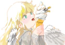 Rule 34 | 1girl, angel wings, aqua eyes, backlighting, bad drawr id, bad id, blonde hair, cigarette, eating, feathered wings, food, from side, hands up, holding, holding food, holding ice cream, ice cream, ice cream cone, licking, long hair, long sleeves, looking up, oekaki, open mouth, original, simple background, soft serve, solo, tongue, tongue out, upper body, white background, white wings, wings, yk (tnkau)