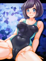 Rule 34 | 1girl, alternate costume, bare arms, black hair, black one-piece swimsuit, blue eyes, breasts, cameltoe, cleft of venus, closed mouth, collarbone, commentary request, competition swimsuit, covered navel, creatures (company), eyelashes, game freak, highleg, looking at viewer, medium breasts, mimizunooka, nintendo, one-piece swimsuit, pokemon, pokemon sm, selene (pokemon), smile, solo, spread legs, swimsuit