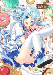 Rule 34 | 1girl, animal ears, blue eyes, blue hair, blush, button eyes, buttons, cat ears, cat tail, checkerboard cookie, clothes between thighs, cookie, doughnut, fang, food, food on face, hair ornament, hairclip, heart, long hair, looking at viewer, macaron, matching hair/eyes, mint (mitsuki), mint (yano mitsuki), mitsuki, open mouth, original, panties, pastry bag, skirt, smile, solo, sprinkles, star (symbol), stuffed animal, stuffed rabbit, stuffed toy, tail, thighhighs, thumbprint cookie, underwear, white thighhighs, wings, yano mitsuki (nanairo)
