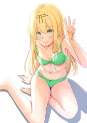 1girl absurdres bare_arms bare_legs bare_shoulders barefoot black_ribbon blonde_hair bra breasts collarbone commentary_request from_above green_bra green_eyes green_panties hair_ribbon highres kantai_collection long_hair looking_at_viewer looking_up navel panties parted_lips ribbon sitting small_breasts smile solo stomach straight_hair underwear underwear_only w yokozuwari yuudachi_(kancolle) zuki