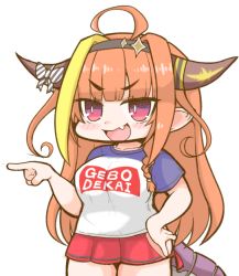 Rule 34 | 1girl, ahoge, bow, breasts, cowboy shot, diagonal-striped bow, dragon girl, dragon horns, dragon tail, fang, hairband, hand on own hip, hololive, horn bow, horn ornament, horns, kiryu coco, large breasts, matarou (matarou072), miniskirt, pointing, pointy ears, purple eyes, red skirt, romaji text, side slit, skirt, solo, source quote parody, sugoi dekai, tail, translation request, v-shaped eyebrows, virtual youtuber, white background