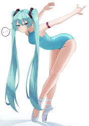 ... 1girl absurdres amaama_(beccyonaika1) ballerina ballet ballet_slippers bent_over blue_eyes blue_hair blue_leotard blush breasts closed_mouth commentary en_pointe full_body hatsune_miku highres leotard long_hair looking_at_viewer simple_background solo spoken_ellipsis twintails very_long_hair vocaloid white_background