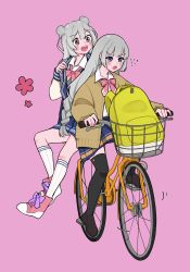 Rule 34 | 2girls, absurdres, alpaca opo, ascot, bag, bicycle, bicycle basket, black socks, blazer, blue jacket, blue skirt, blush stickers, bow, bowtie, braid, brown jacket, cevio, commentary, double bun, flower, flying sweatdrops, full body, grey hair, grey sweater, hair bun, hair ornament, hairclip, highres, jacket, kizuna akari, kneehighs, koharu rikka, long hair, looking at another, miniskirt, multiple girls, multiple riders, open mouth, pedal, pink background, pink bow, pink bowtie, pink footwear, pleated skirt, riding, riding bicycle, school bag, shirt, shoes, short hair, shoulder bag, skirt, sneakers, socks, sweater, synthesizer v, thighhighs, twin braids, v-shaped eyebrows, very long hair, voiceroid, white legwear, white shirt