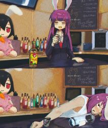 Rule 34 | 1girl, :3, alcohol, animal ears, bar (place), bottle, carrot, closed eyes, drunk, film grain, fumo (doll), highres, inaba tewi, long hair, necktie, nyztsune, purple hair, rabbit ears, rabbit girl, red eyes, reisen udongein inaba, solo, tank top, touhou