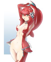 Rule 34 | 1girl, breasts, brown eyes, cleft of venus, colored skin, cropped legs, female focus, fins, gills, highres, jewelry, lips, medium breasts, mipha, monster girl, multicolored skin, nintendo, nipples, nude, pussy, red skin, simple background, smile, solo, the legend of zelda, the legend of zelda: breath of the wild, third-party edit, tiziana berro, white skin, zora